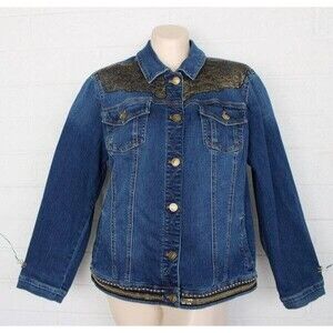 Chico's 1 8 10 M Denim Medium Wash Brass Studs Lace Gold Trim Trucker Jacket
